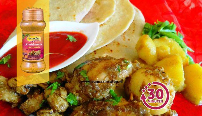 Afbeelding van recept met Sandhia's Surinaamse Roti met kippenbouten aardappelen en eieren