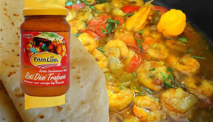 Afbeelding van recept met Surinaamse Roti met  Caribbean curry garnalen